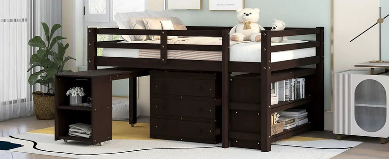 Loft Low Study Bed With Cabinet, Shelves And Rolling Portable Desk, Multiple Functions by HouseOfZazla