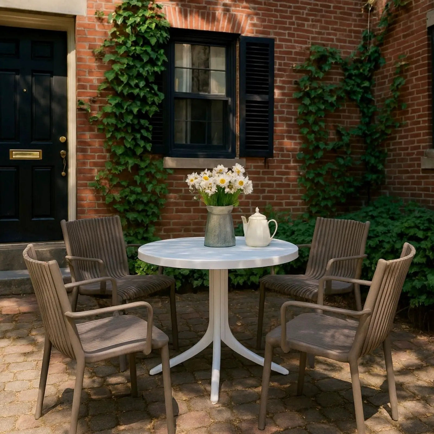 4 Modern Stackable Plastic Armchair Matched With Round Table by HouseOfZazla