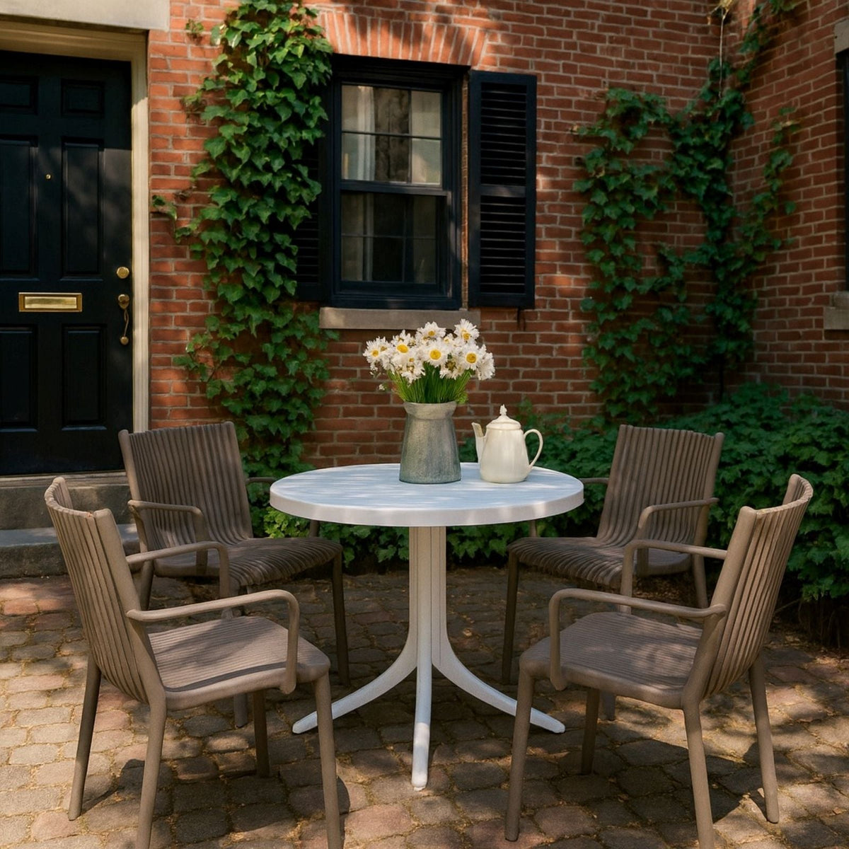 4 Modern Stackable Plastic Armchair Set with Round Table - Light Blue or Dark Gray, photo 31 of 31