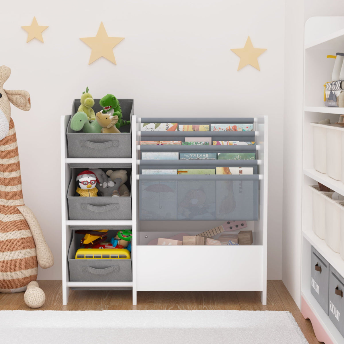 White 4-Tier Bookshelf and Toy Storage Organizer with Collapsible Drawers, photo 16 of 16