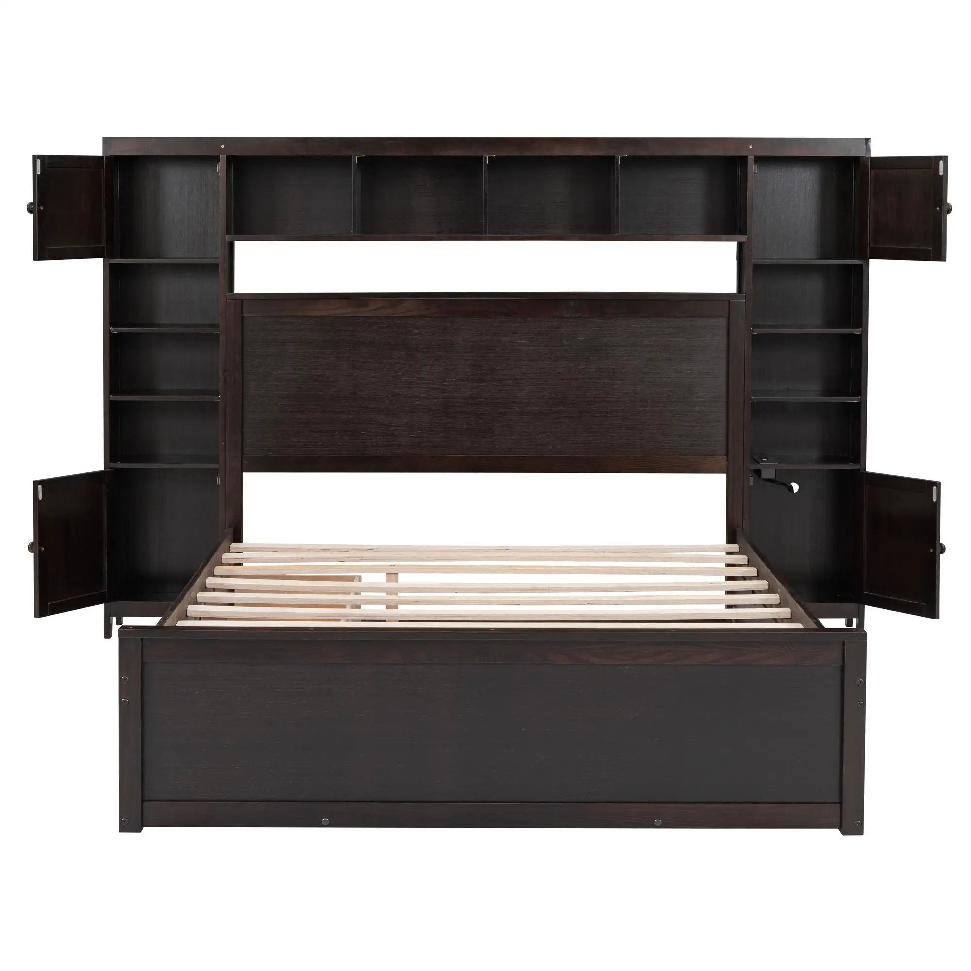 Bed With All In One Cabinet, Shelf And Sockets, Twin Long Trundle by Unique Piece Furniture