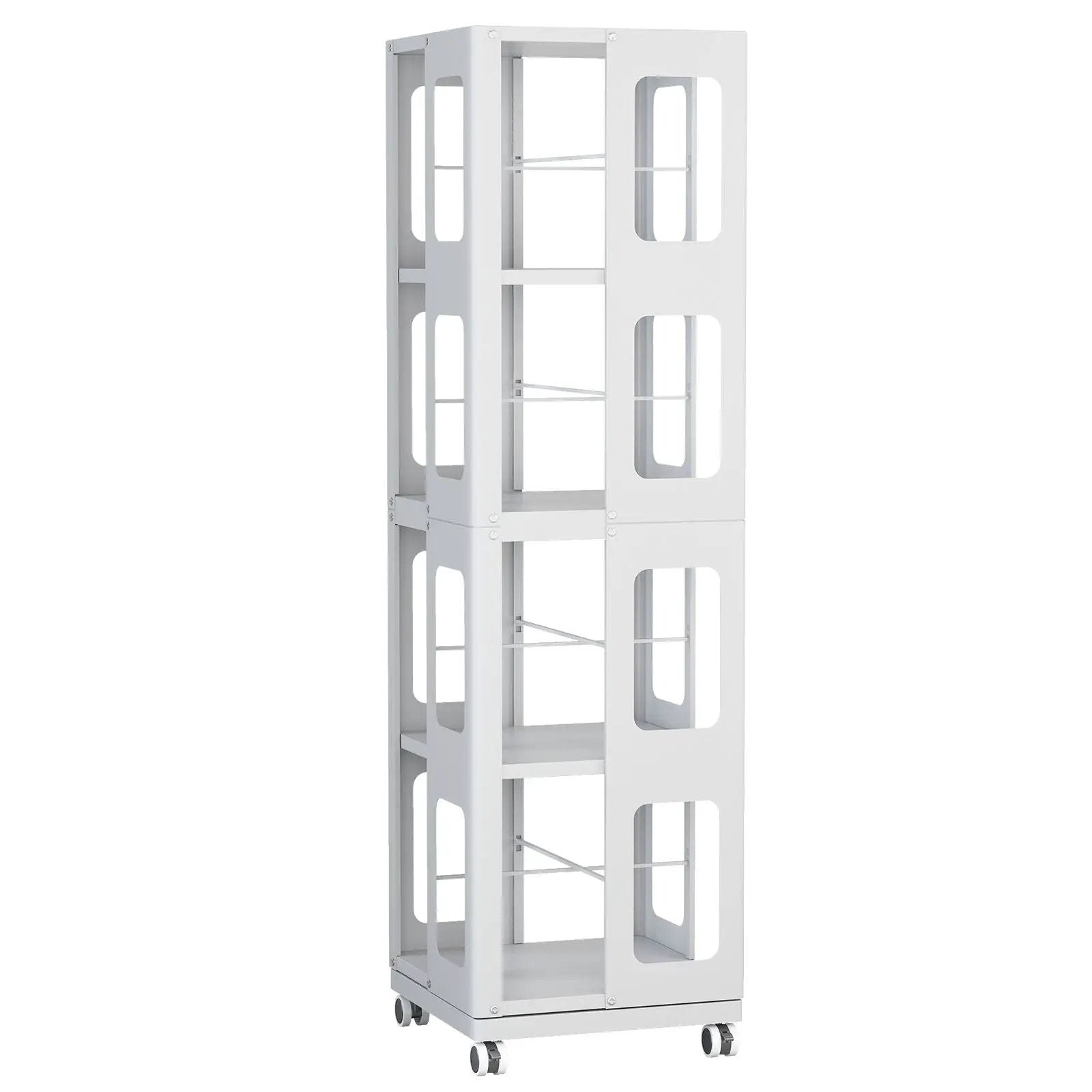 4 Tier All Steel Rotating Bookshelf With 360° Wheels, Large Size Sturdy & Spacious Book Rack, New Style Bookshelf - White by HouseOfZazla