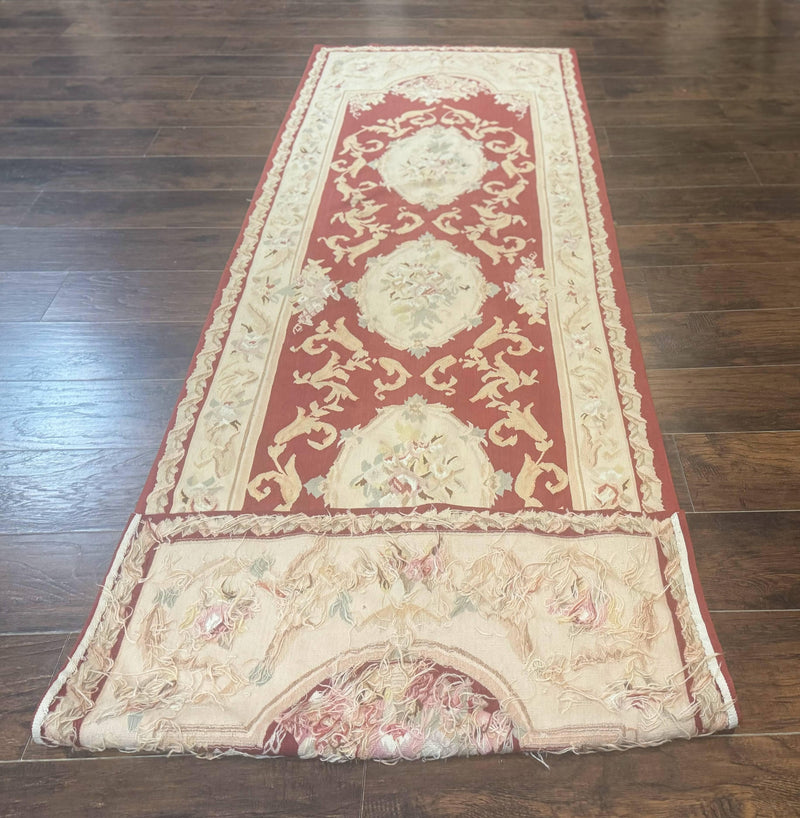 Aubusson Runner Rug 3x10, European Design, Red and Beige, Elegant, Handmade Wool Rug by Jewel Rugs