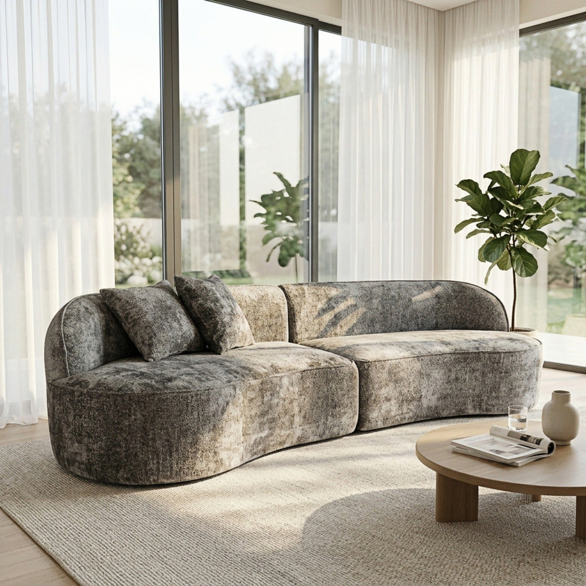 Curved Chenille Fabric Sectional Sofa with High-Density Foam - Dark Grey, Beige White, Dark Green