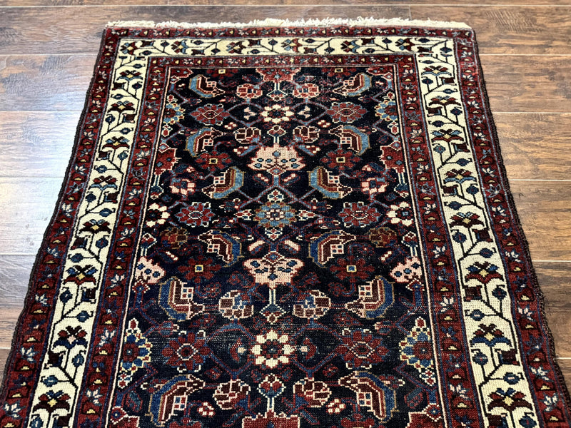 Navy Blue Antique Persian Rug 3x6, Blue and Ivory Persian Carpet, Handmade 1920s Hamadan Rug by Jewel Rugs