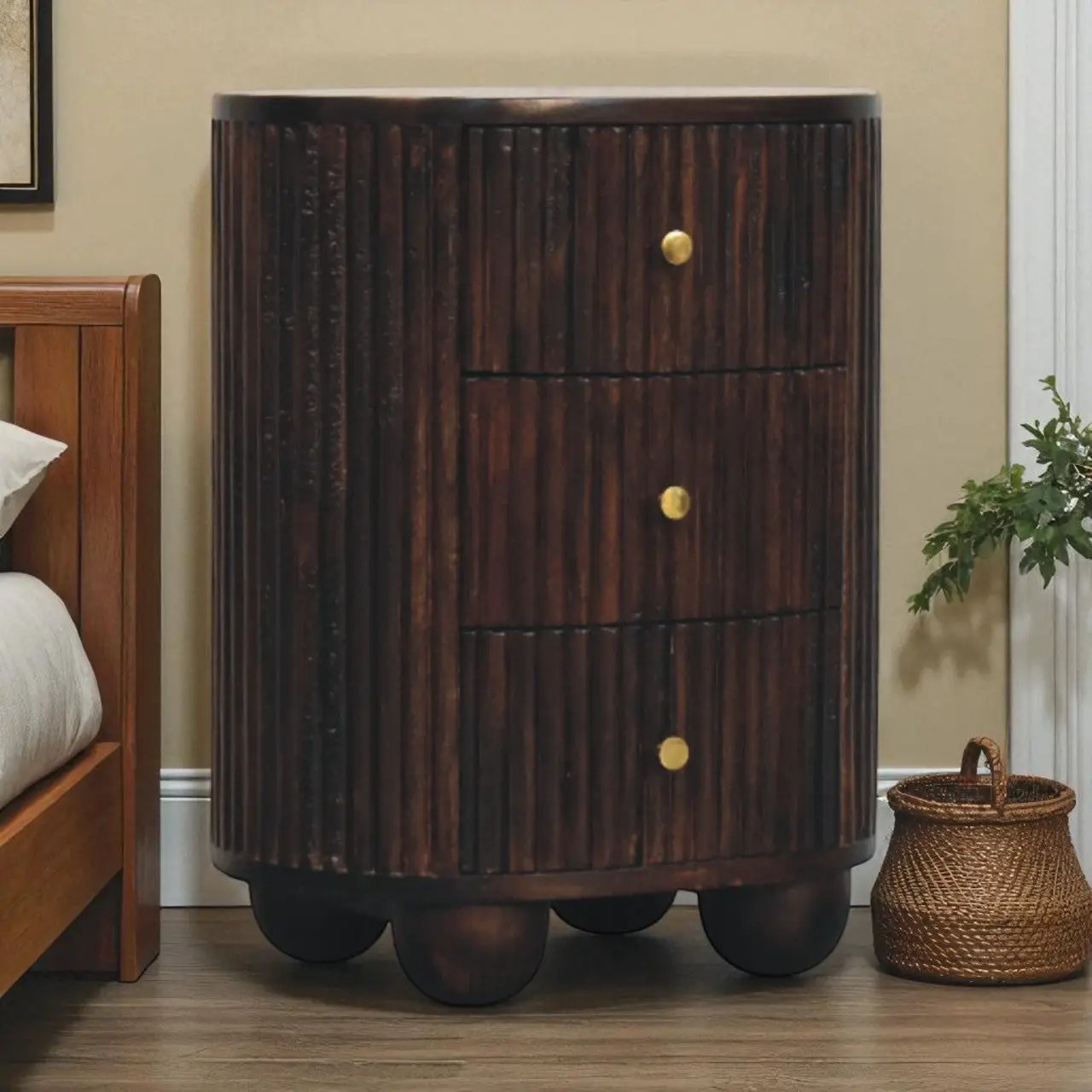 Solid Wood Curved Fluted 3-Drawer Drum Chest by HouseOfZazla