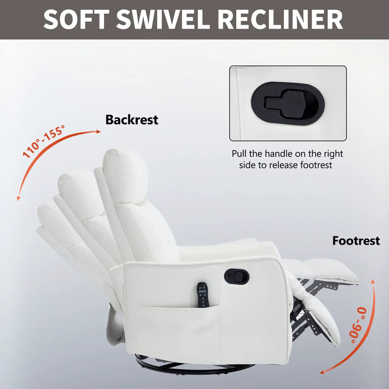 White Heat Massage Manual Recliner Chair with Rocker and Swivel in Faux Leather by HouseOfZazla