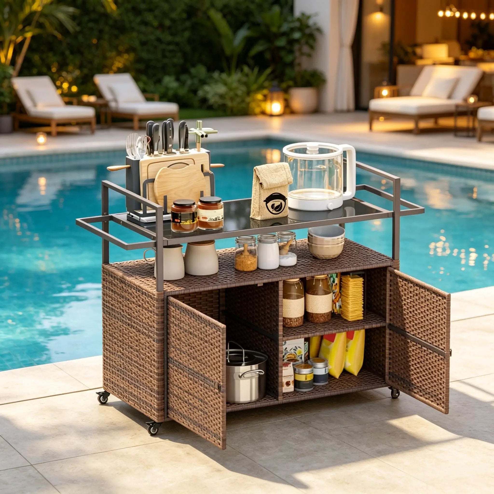Rattan Storage Cart, Portable Outdoor Serving Cart, Garden Storage Organizer by HouseOfZazla