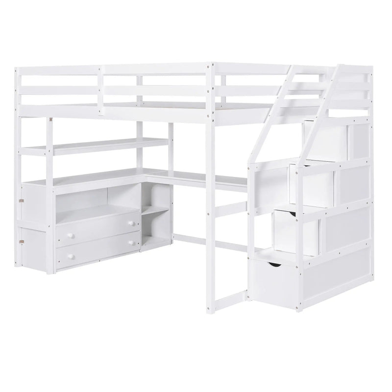 Loft Bed With Desk, Shelves, 2 Drawers, Storage Staircase