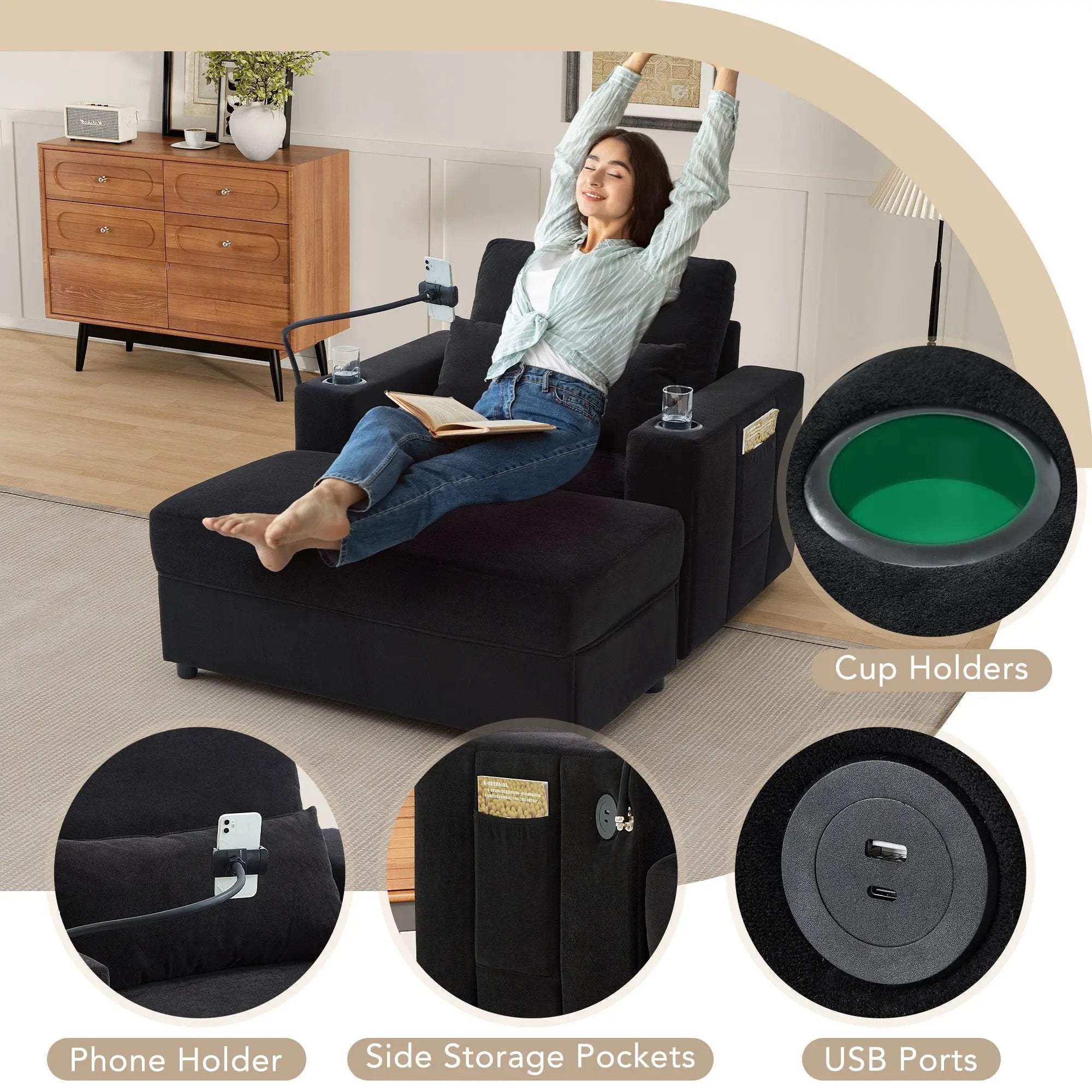 Modern Style Armchair Chaise Lounge Sofa Couch With Movable Storage Ottoman, USB Ports, Cup Holders, Phone Holder, Side Pockets by Unique Piece Furniture