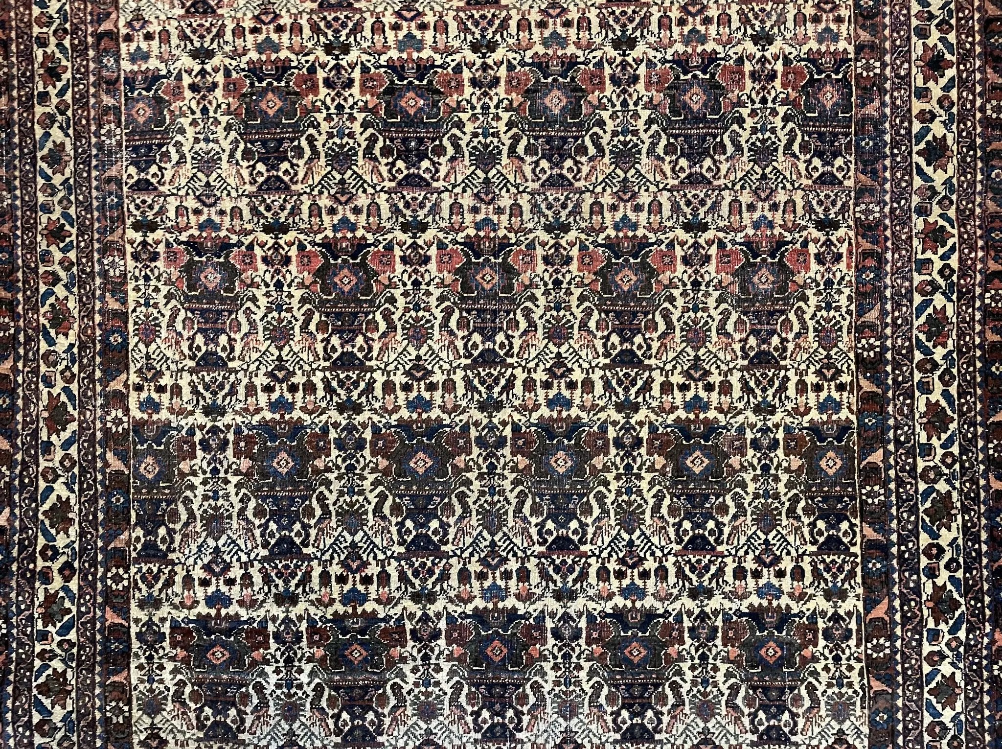 Antique Persian Afshar Rug 5x7, Wool Hand Knotted Oriental Carpet 5 x 7 ft, Repeated Motif Allover, Cream and Maroon, Tribal Rug, Medium Sized Rug, Zil-i-Sultan Design by Jewel Rugs