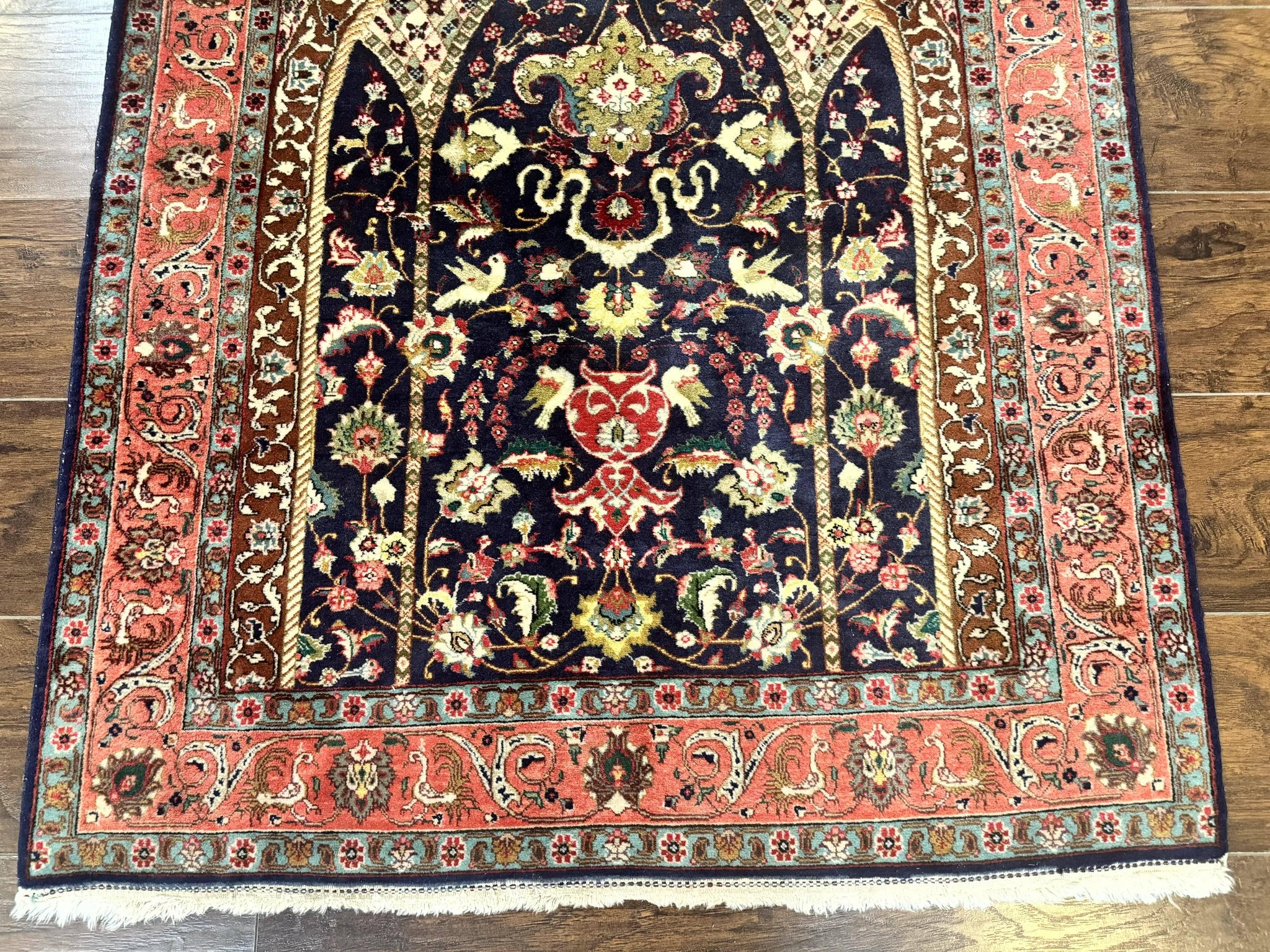 Persian Tabriz Rug 3x4, Navy Blue, Birds, Floral, Prayer Rug, Handmade Wool Rug, Finely Hand Knotted 325 KPSI by Jewel Rugs