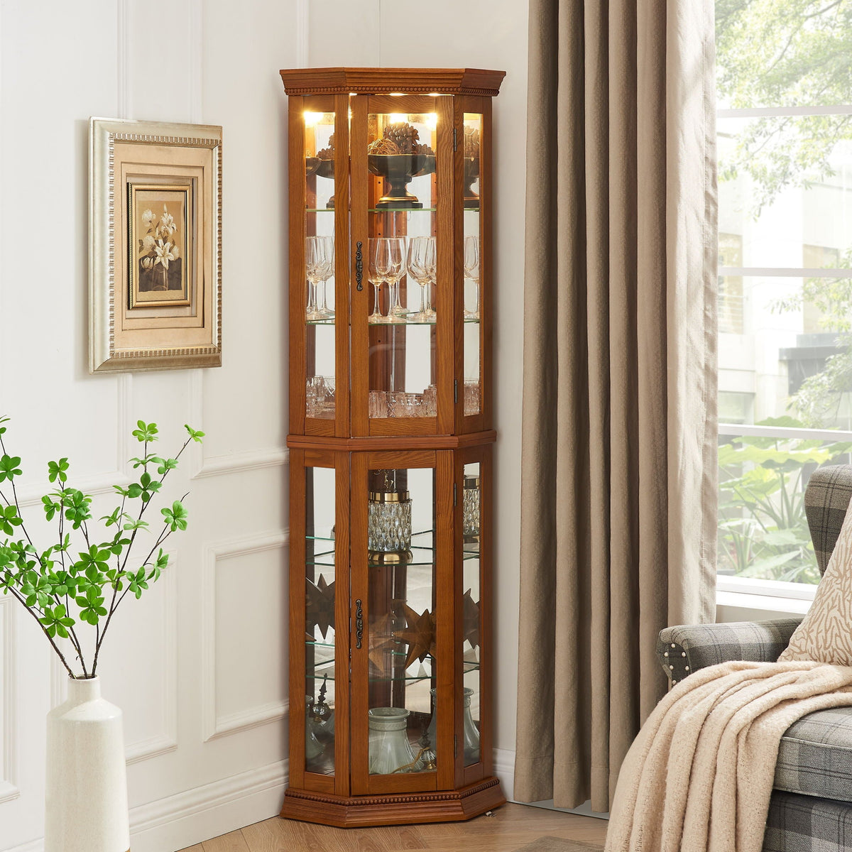 Corner Curio Cabinet With Lights, Adjustable Tempered Glass Shelves, Mirrored Back, Display Cabinet (E26 Light Bulb Not Included), photo 19 of 19