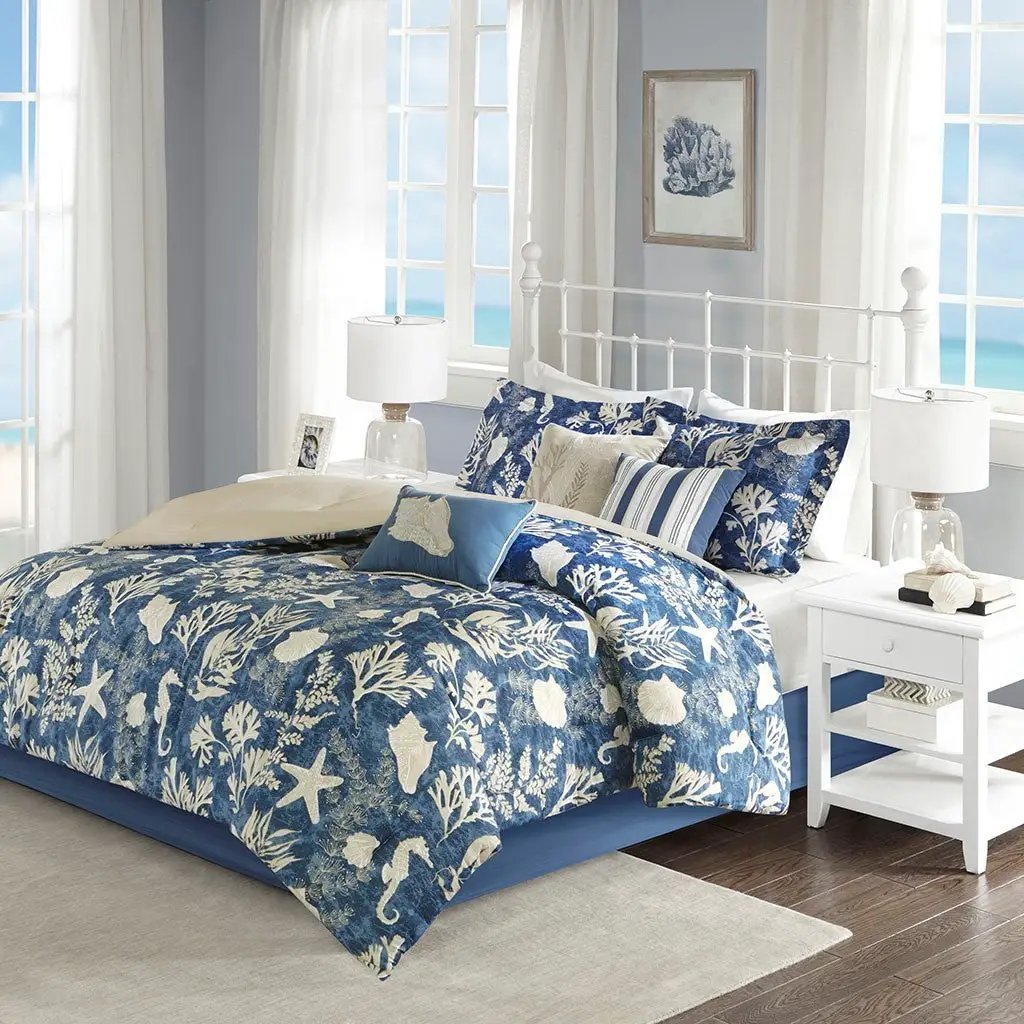 7 Piece Cotton Sateen Comforter Set Blue Cal King by HouseOfZazla