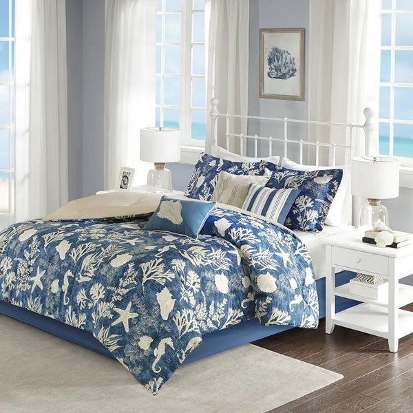 7 Piece Cotton Sateen Comforter Set Blue Cal King