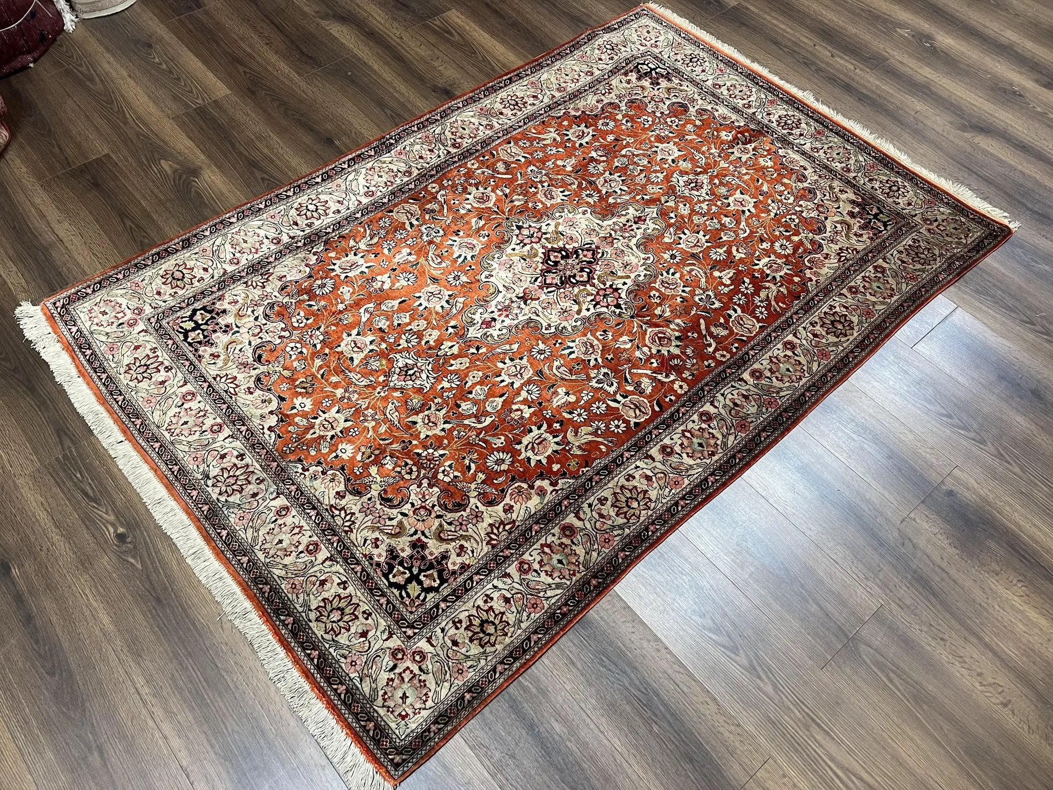 Persian Qum Silk Rug 5x7 - Floral Medallion, Birds, Orange-Red by Jewel Rugs
