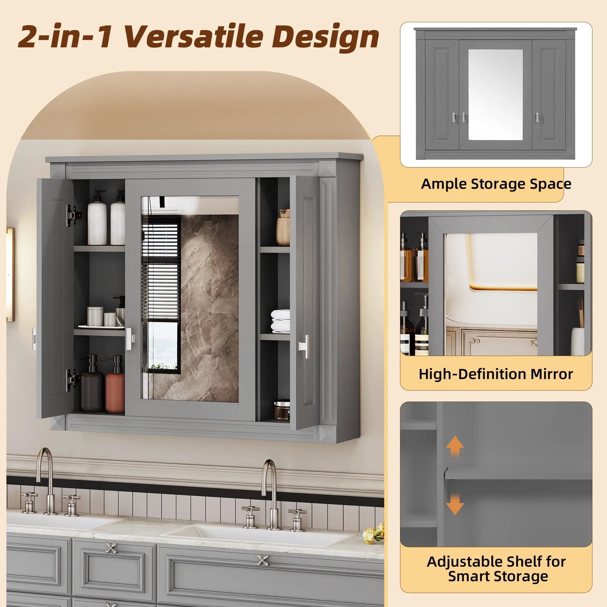 Wall Mounted Bathroom Cabinet With Mirror And 4 Shelves, Rectangular Design - Gray by Unique Piece Furniture