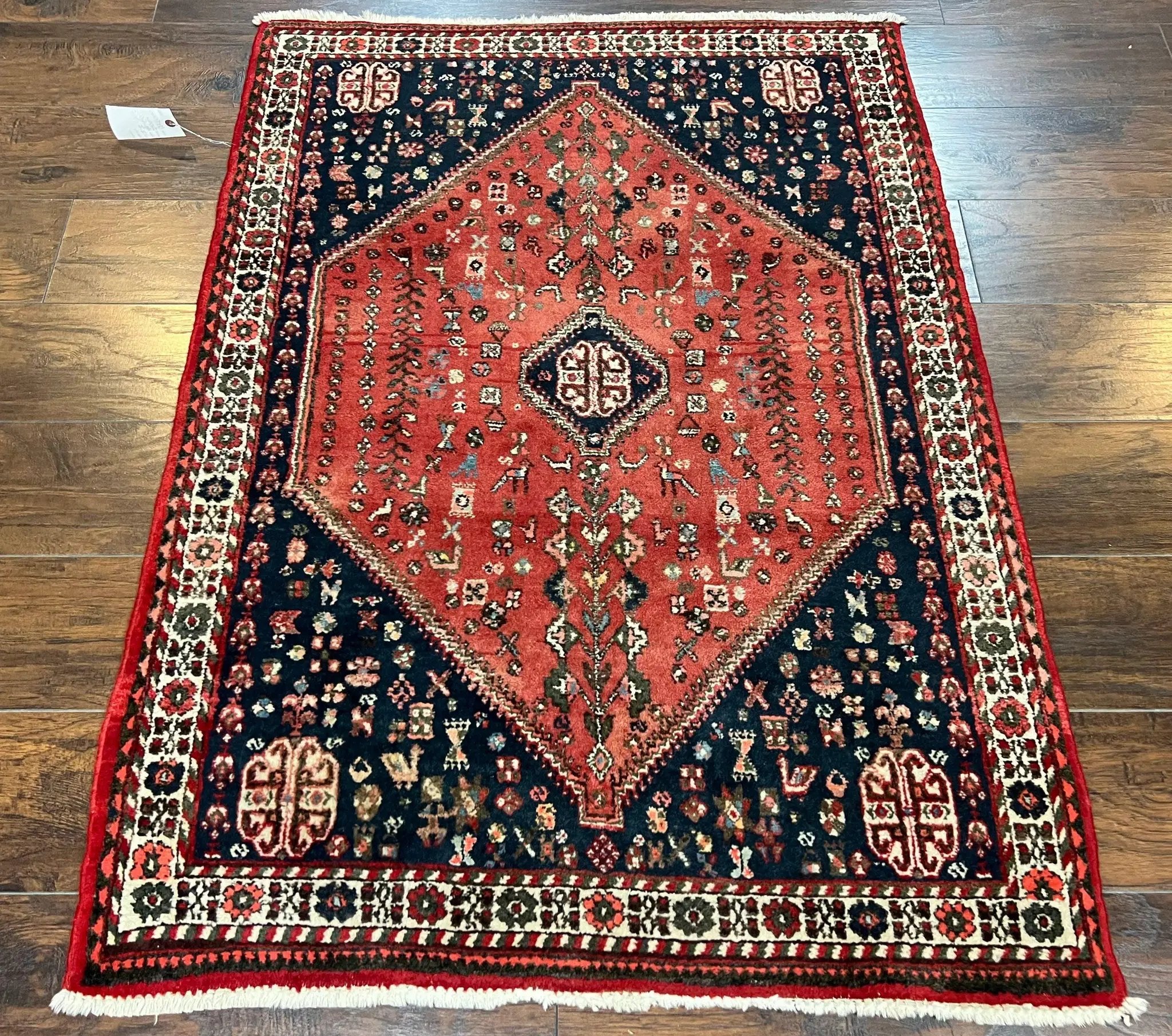 Persian Tribal Rug 3.6 x 5 ft, Persian Abadeh Rug, Geometric Medallion Bird Motifs, Red and Navy Blue Hand Knotted Handmade Wool Vintage Oriental Carpet by Jewel Rugs