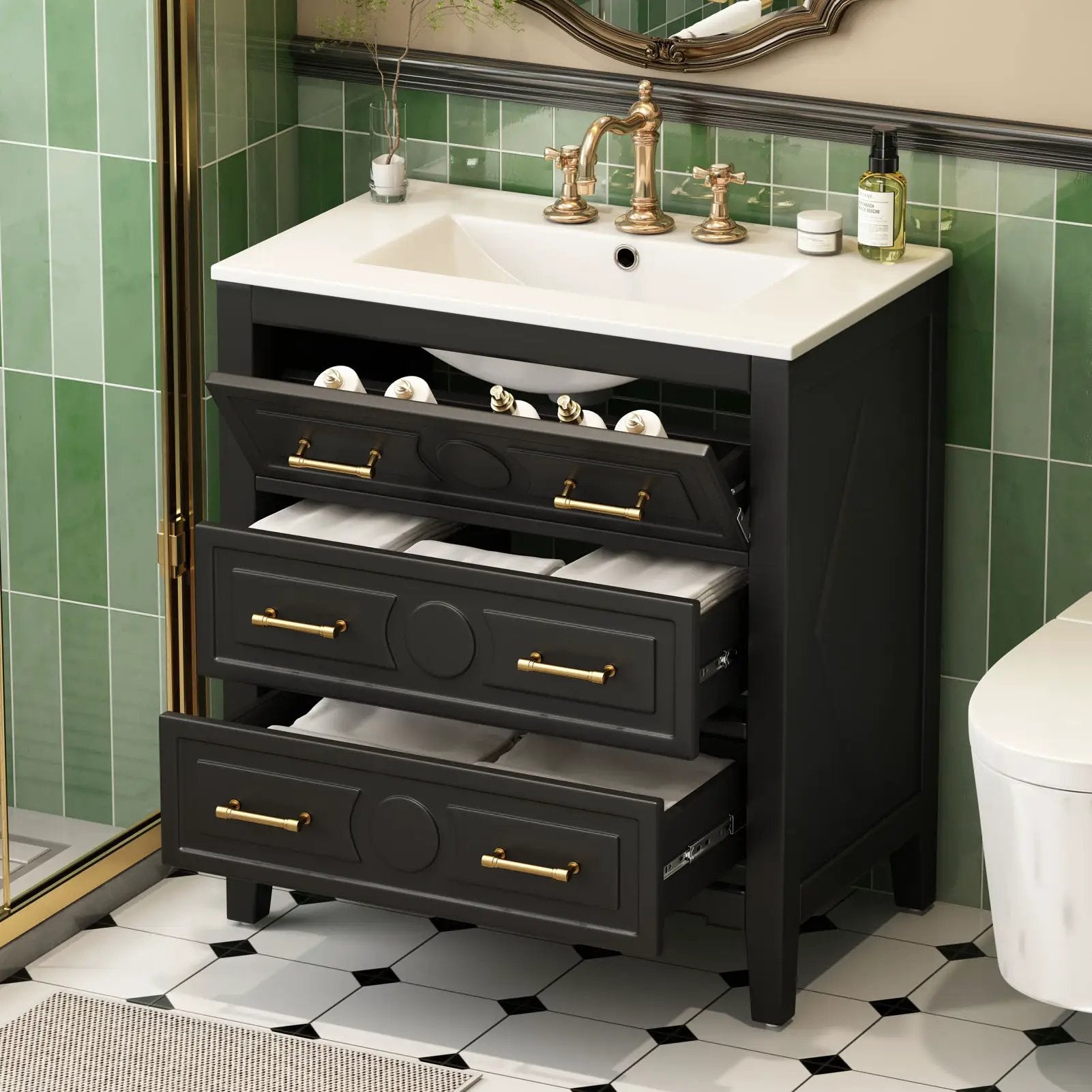 Retro Bathroom Vanity With Sink Combo, Free Standing Single Set With 3 Drawers by Unique Piece Furniture