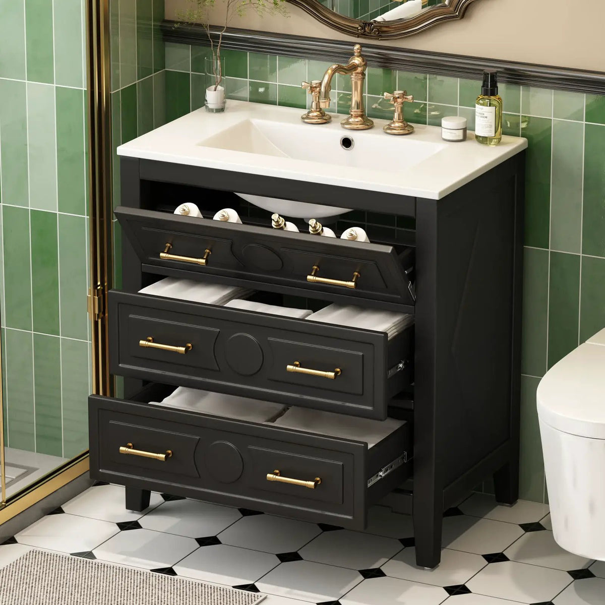 Retro Bathroom Vanity With Sink Combo, Free Standing Single Set With 3 Drawers, photo 21 of 21