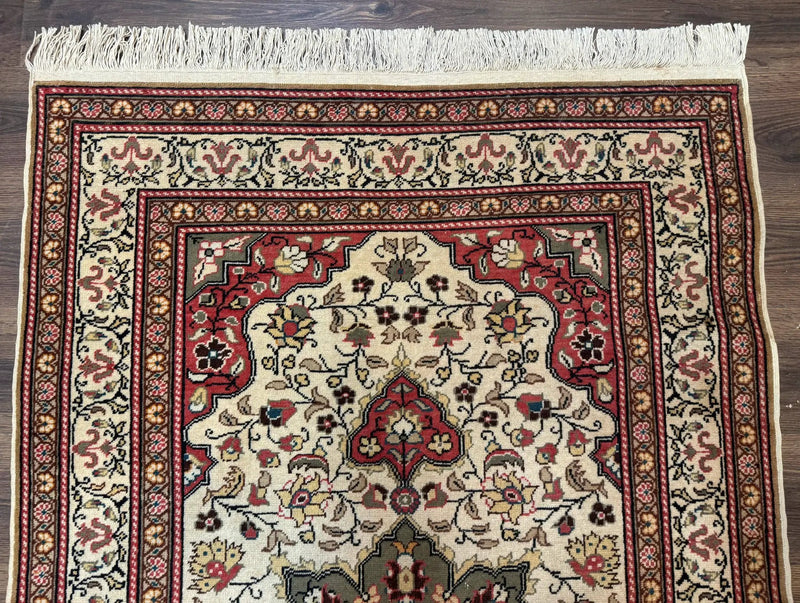 Turkish Sivas Rug 4x6, Floral Medallion, Beige Pink-Red Green, Handmade by Jewel Rugs