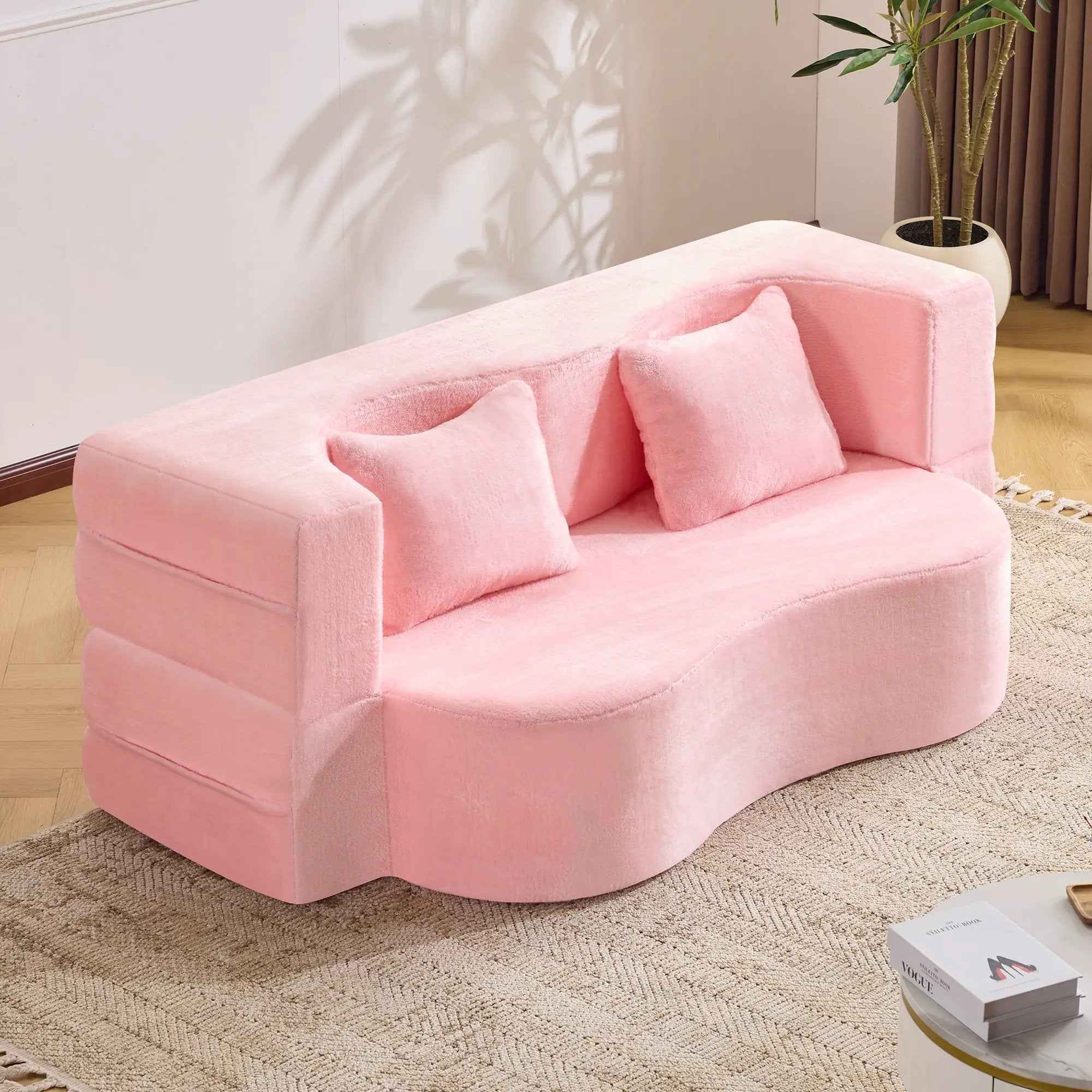 71-Inch Folding Sofa Bed in Pink Chenille with High-Density Foam by HouseOfZazla