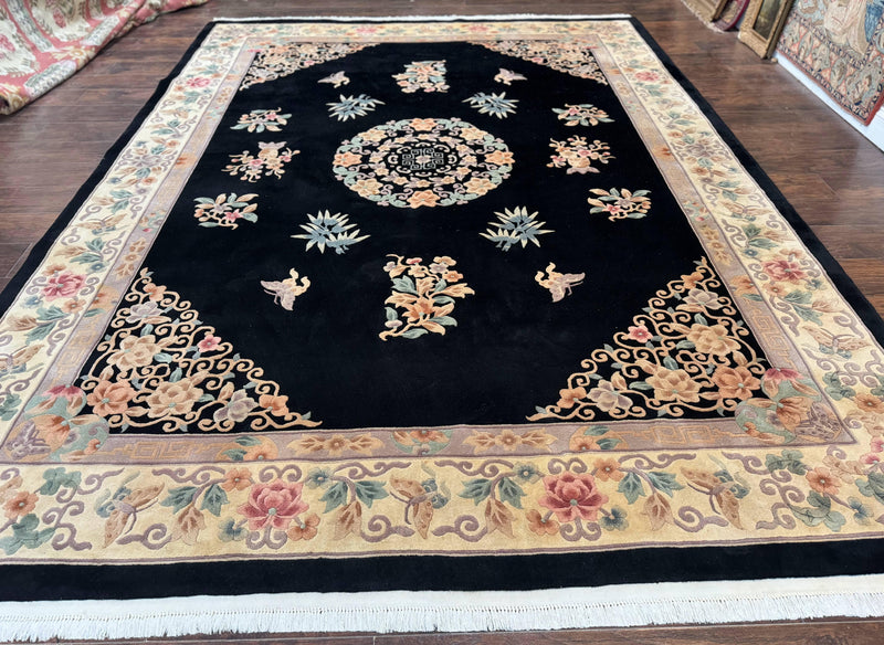 Chinese Wool Rug 9x12, Chinese Carving Carpet, Floral Medallion, Black and Beige, Butterflies, Vintage Asian Oriental Rug, 90 Line Rug by Jewel Rugs