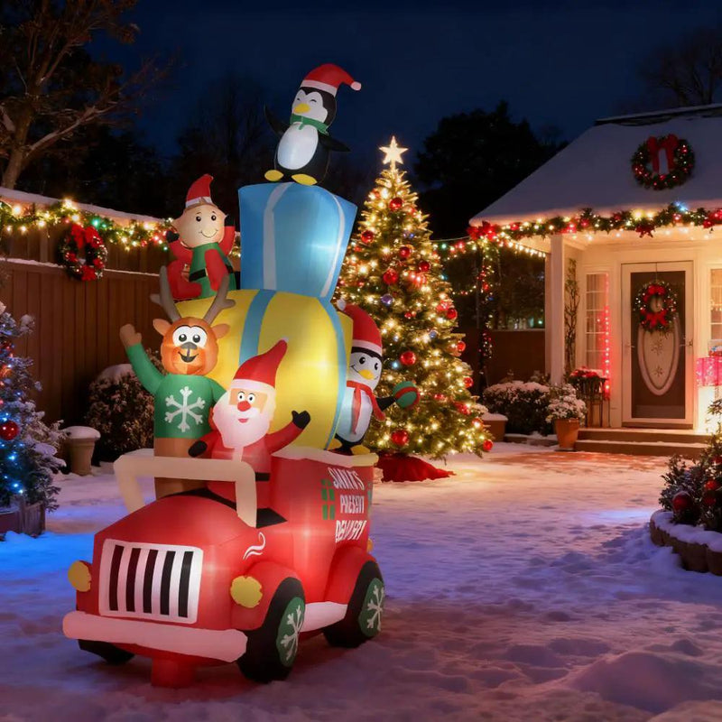 Inflatable Santa Gift Delivery Truck with Elf, Reindeer & Penguins by HouseOfZazla