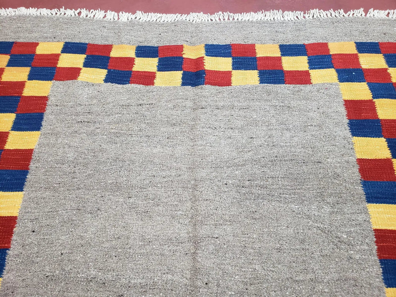 New Turkish Kilim Area Rug, Gray Carpet With Colorful Checker Border, 5'6" x 8", Flatweave Carpet, Playroom Rug, Kids Room Rug, Hand-Knotted by Jewel Rugs