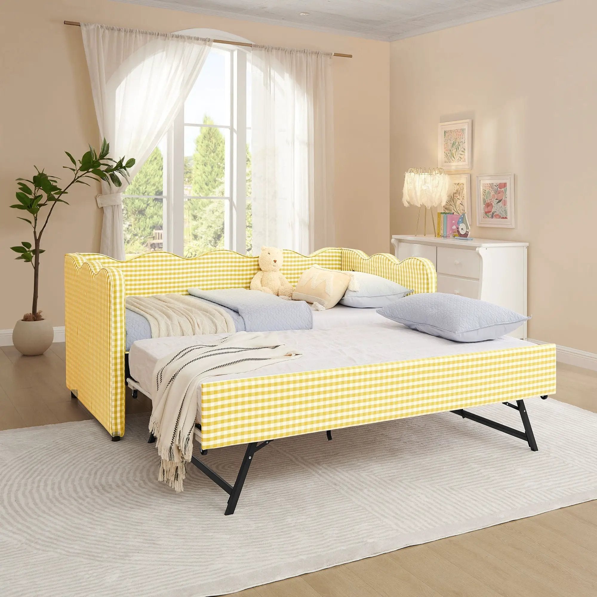 Gingham Daybed With USB Charging Port, Wave-Shaped Design by Unique Piece Furniture