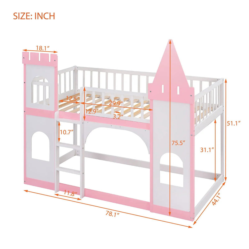 Twin Over Twin Castle Bunk Bed With Ladder - Pink by HouseOfZazla