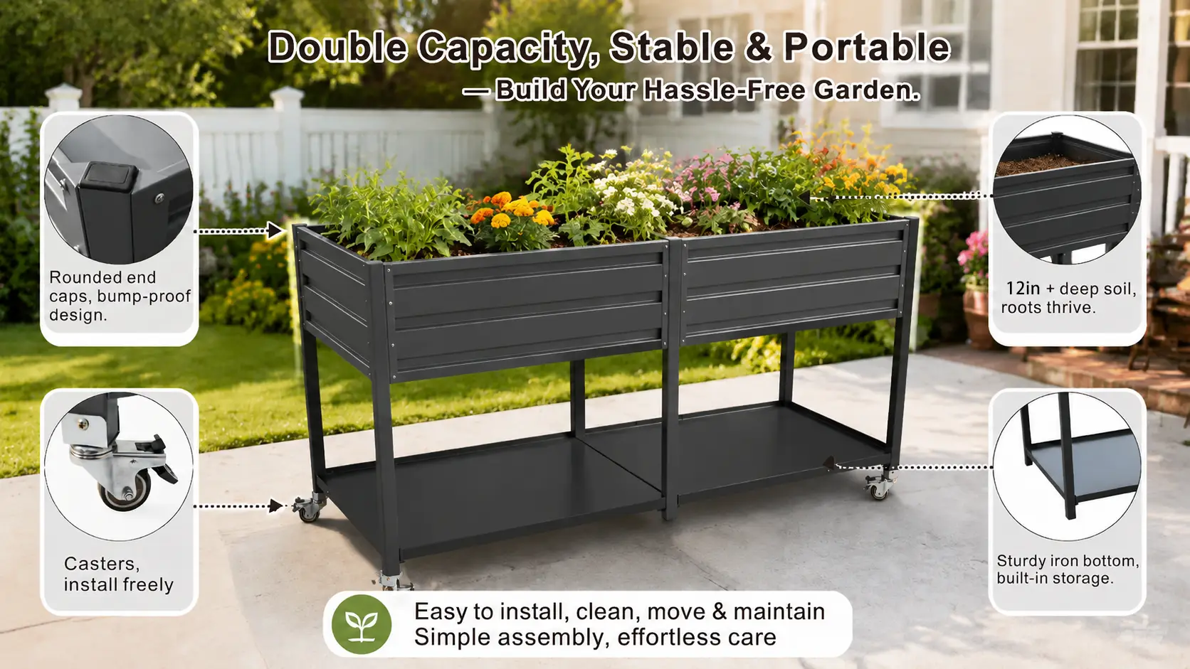 Dual Tier Elevated Metal Raised Garden Bed with Lockable Wheels & Lower Storage Shelf by HouseOfZazla