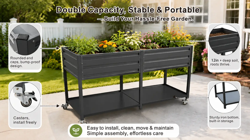 Dual Tier Elevated Metal Raised Garden Bed with Lockable Wheels & Lower Storage Shelf by HouseOfZazla