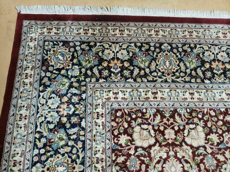 Persian Rug 9x12, Floral Allover, Very Fine, Handmade, Room Sized Oriental Carpet, Sino Persian, Maroon and Navy Blue by Jewel Rugs
