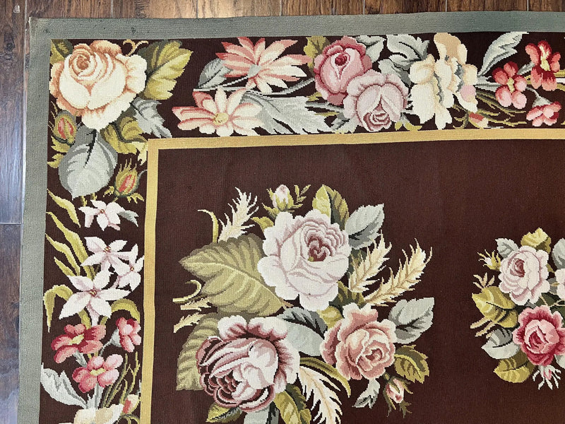 Vintage Needlepoint Rug 9x12, Large Handmade Hand-woven Needlepoint Carpet, Brown Area Rug, Floral Bouquets, Wool Rug, European Design by Jewel Rugs