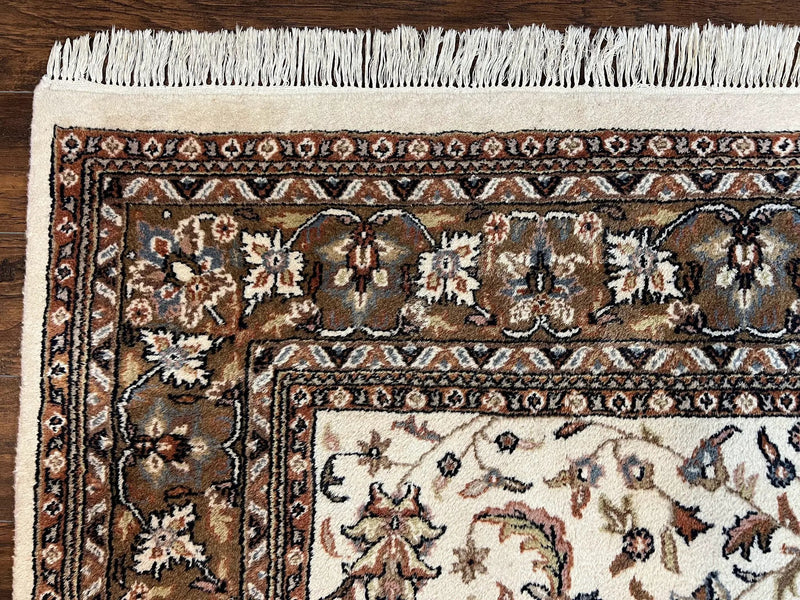 Indo Kirman Rug 8x12 Allover Floral Design, Ivory/Cream Brown, Vintage Handmade Hand Knotted Rug, Traditional Wool Persian Carpet 8 x 12 by Jewel Rugs