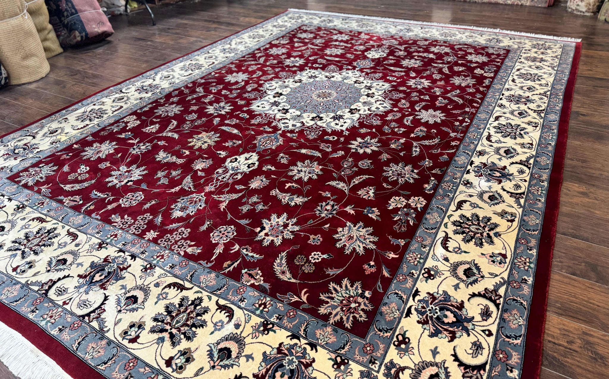 Pak Persian Rug 9x12, Maroon and Ivory, Wool Handmade Vintage by Jewel Rugs