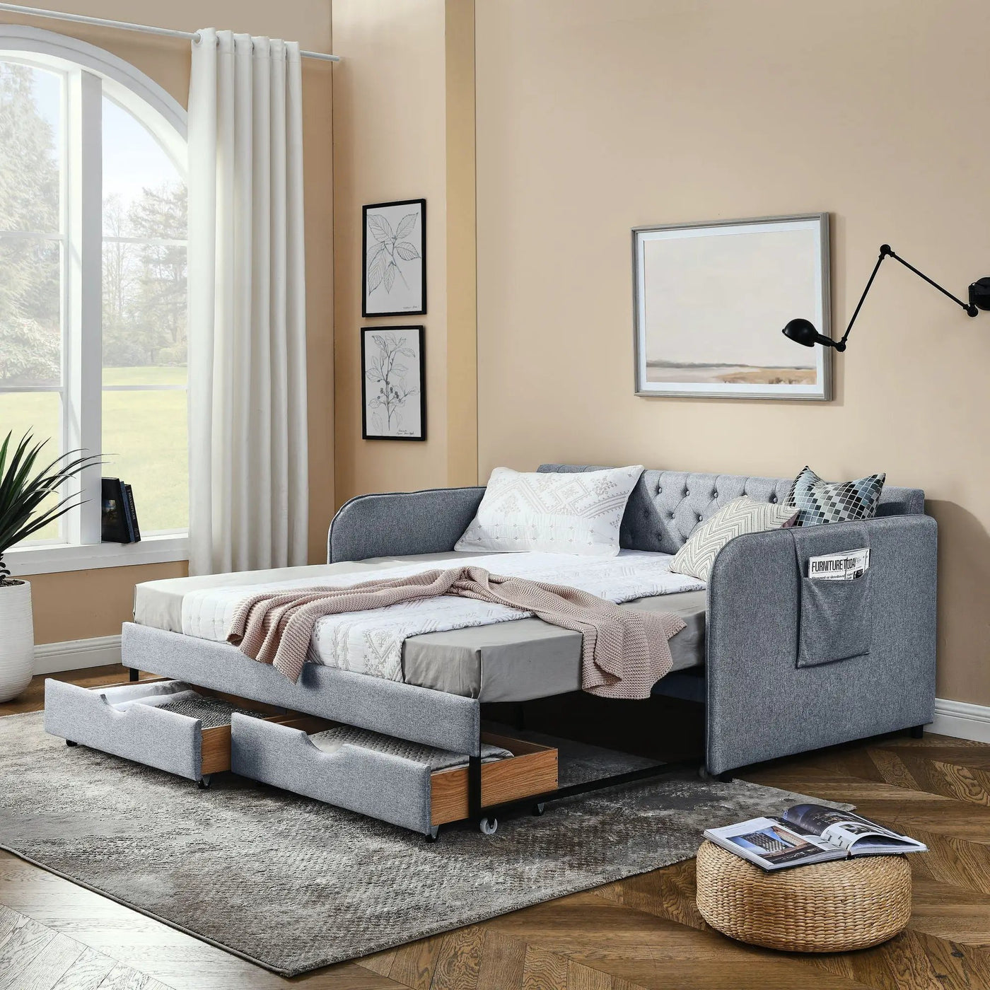 Daybed With Trundle And Storage Drawers, Flat Arms With Pocket by HouseOfZazla