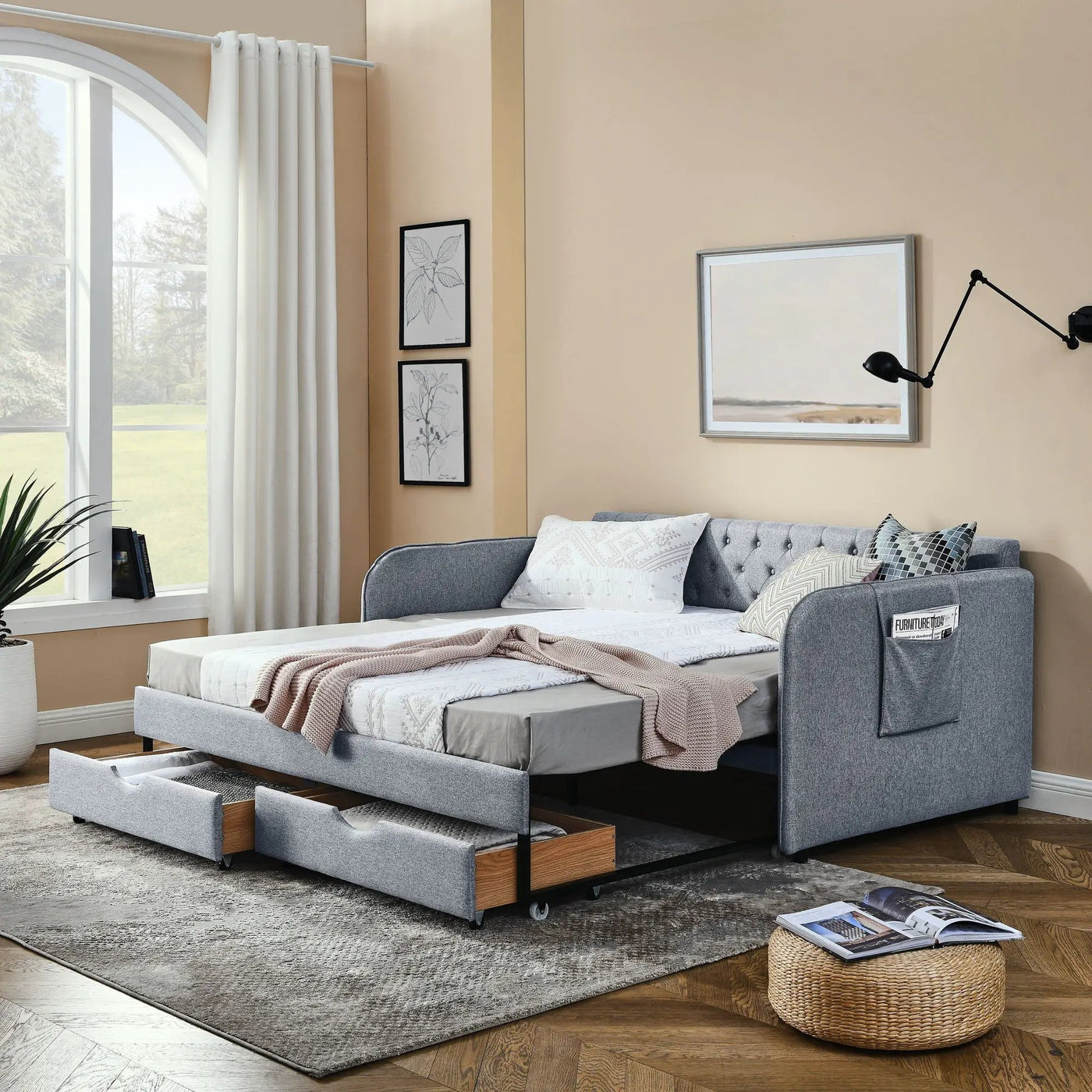 Daybed With Trundle And Storage Drawers, Flat Arms With Pocket by Unique Piece Furniture