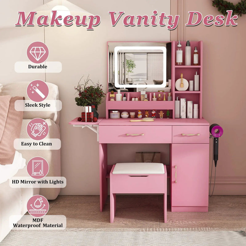 Vanity Desk With LED Mirror Lights And Power Outlet Charging Station, 3 Drawers, 7 Shelves, Storage Stool - Pink by HouseOfZazla
