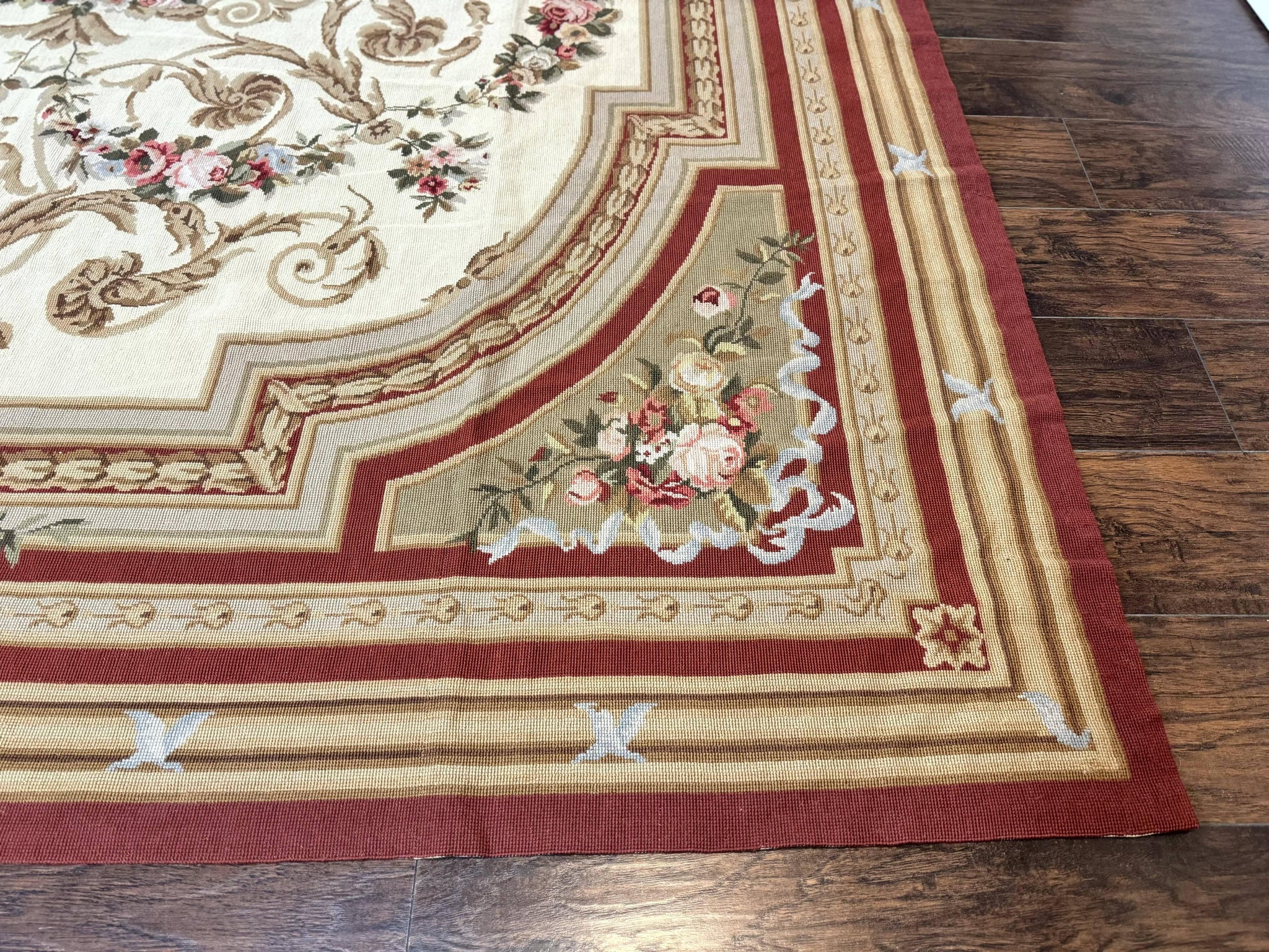 Aubusson Needlepoint Rug 9x11, Handmade Vintage Wool Flatweave Carpet, Elegant European Rug, Floral, Cream by Jewel Rugs