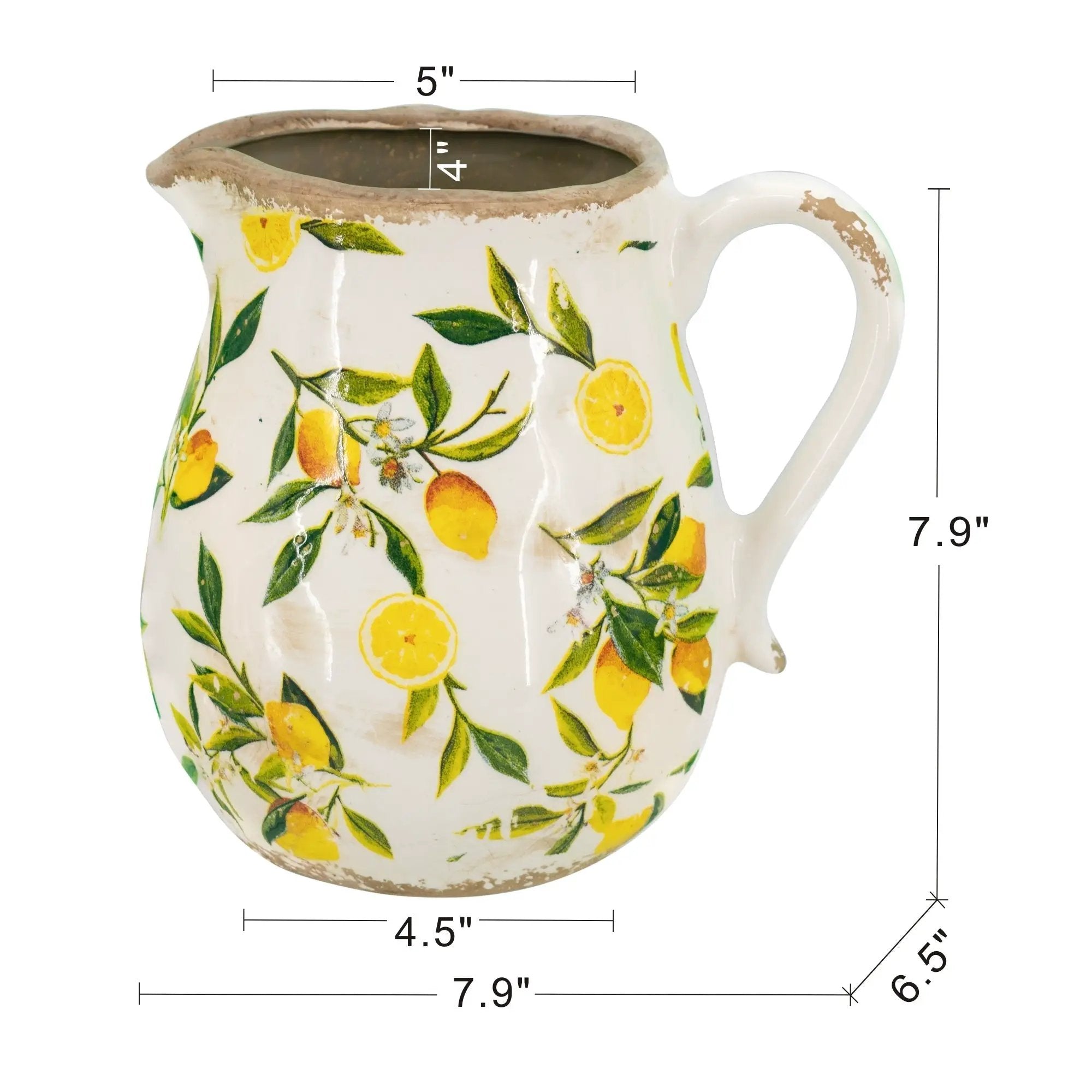 7.9x6.5x7.9' White Ceramic Pitcher Vase with Yellow Lemon Motif by HouseOfZazla