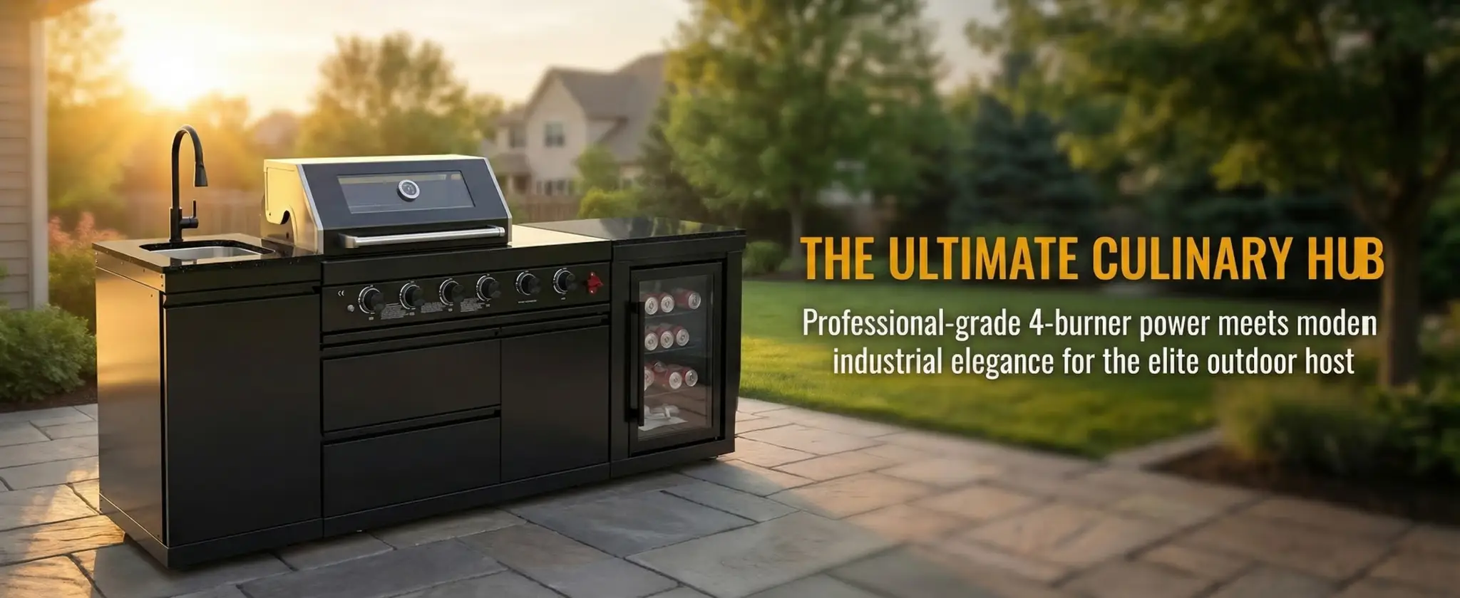 85" 4-Burner 72000 BTU Black Outdoor Kitchen Island Grill with Compact Refrigerator Marble Countertops Sink by Chery Industrial