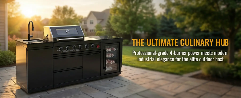 85" 4-Burner 72000 BTU Black Outdoor Kitchen Island Grill with Compact Refrigerator Marble Countertops Sink by Chery Industrial