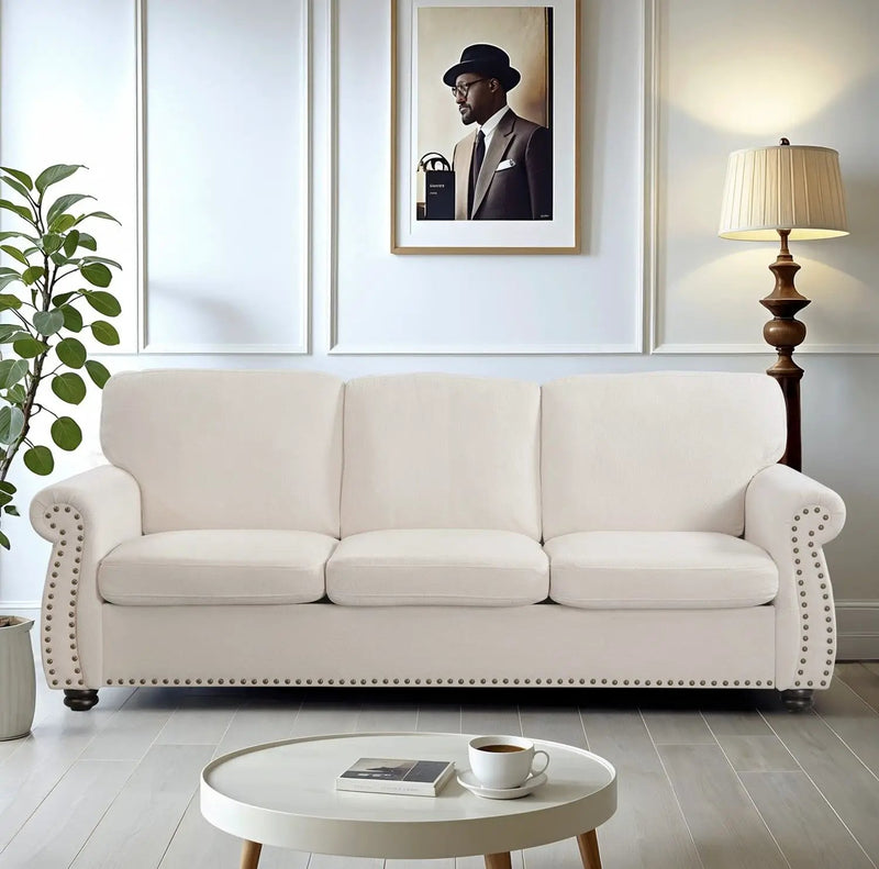 Soft Sofa, Upholstered 3 Seater Couch With High Density Foam, Loose Back Cushions And Turned Legs by HouseOfZazla