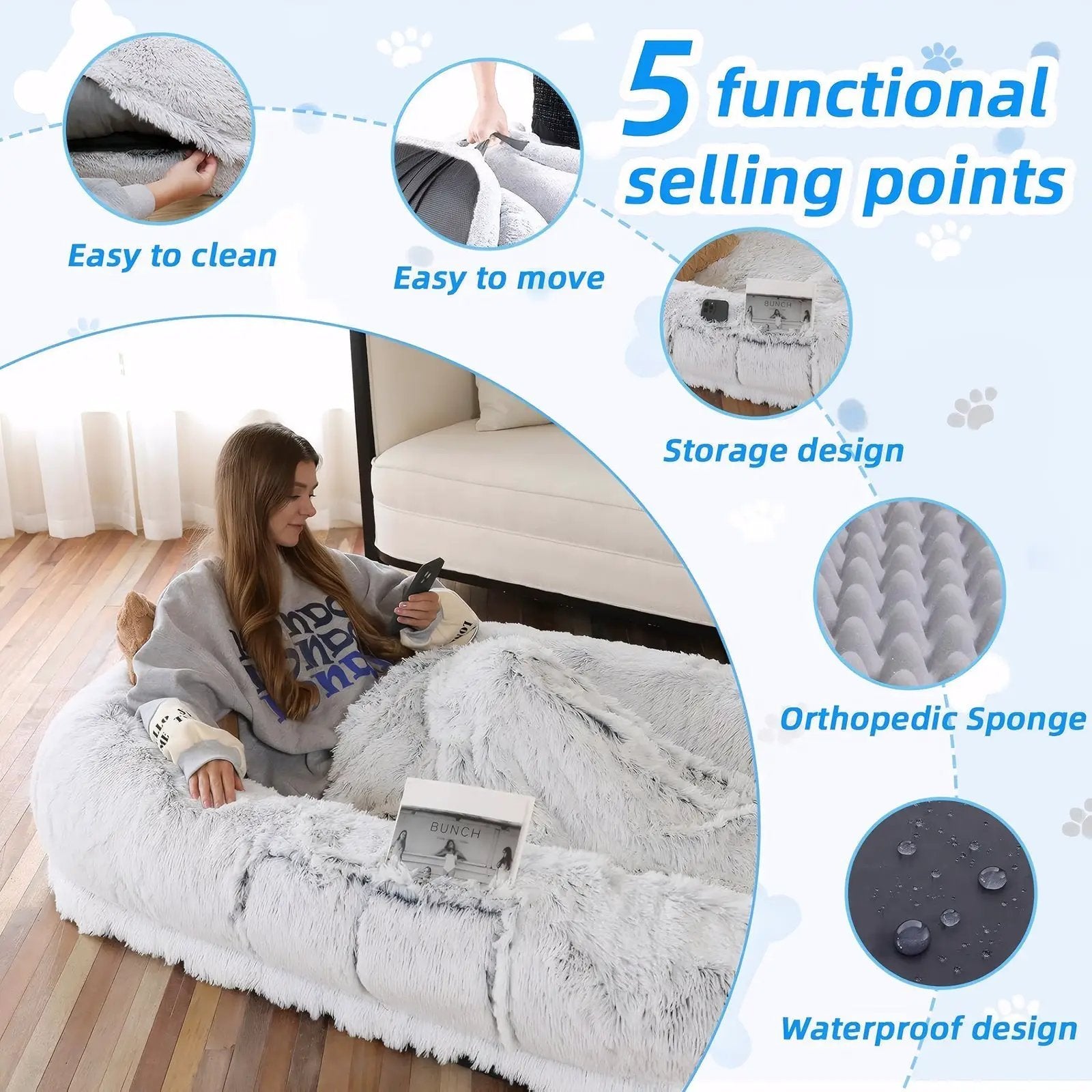 Human Dog Bed with Washable Faux Fur and Orthopedic Support by HouseOfZazla
