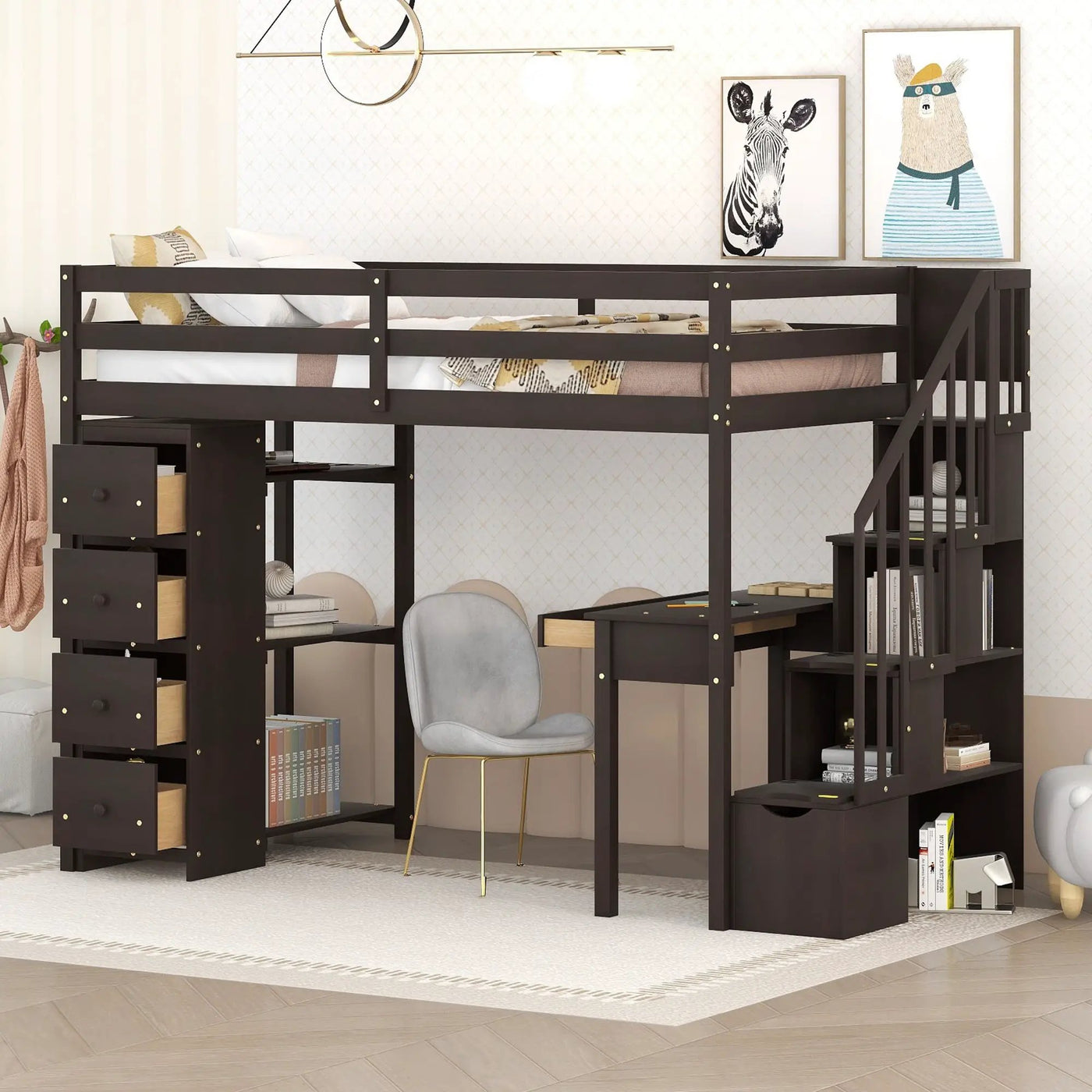 Loft Bed With Storage Drawers, Desk And Stairs With Shelves by Unique Piece Furniture