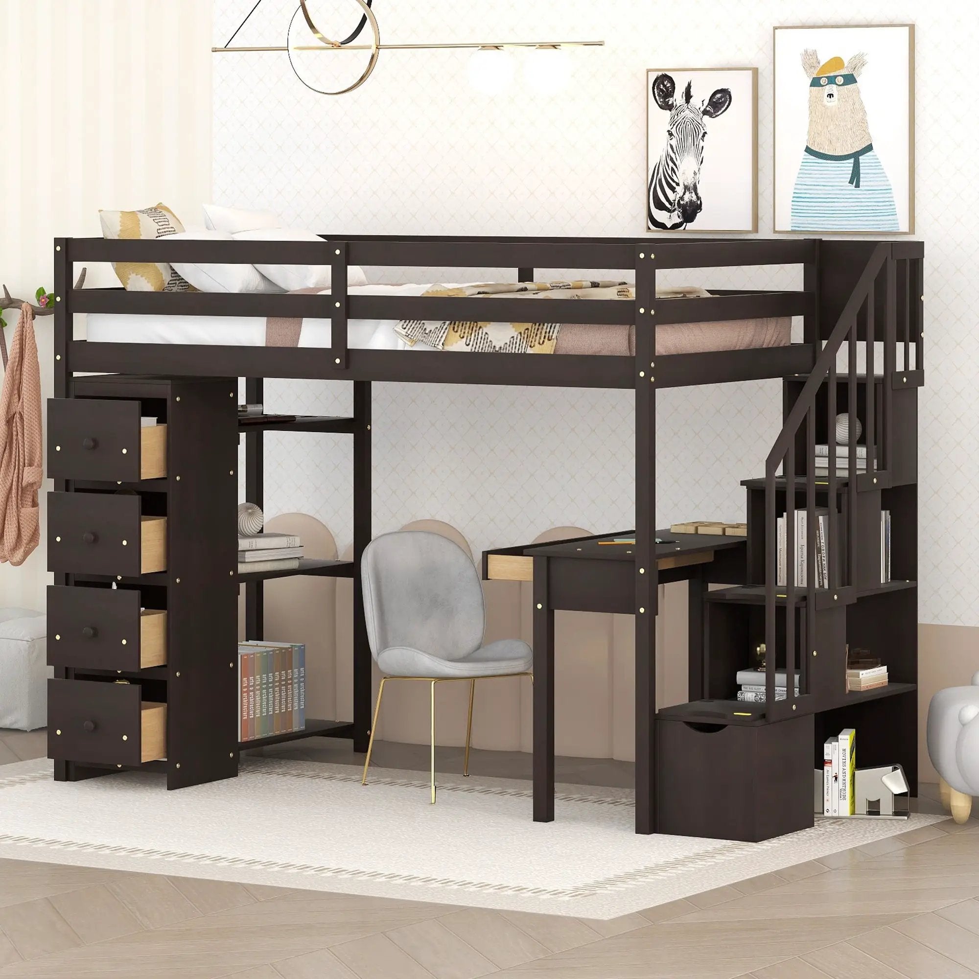 Loft Bed With Storage Drawers, Desk And Stairs With Shelves by HouseOfZazla