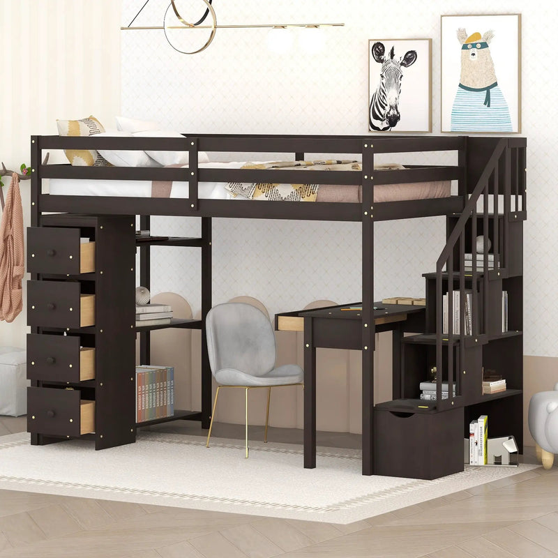 Loft Bed With Storage Drawers, Desk And Stairs With Shelves by HouseOfZazla