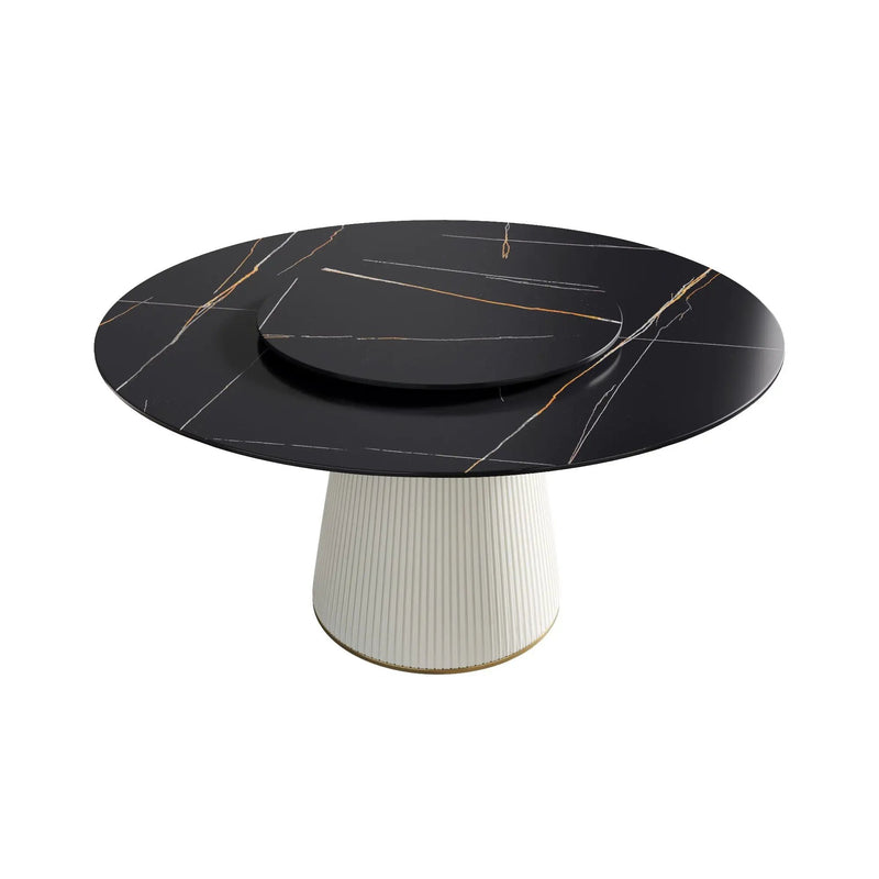 Modern Artificial Stone Round Plywood Base Dining Table, Can Accommodate 8 People Artificial Stone Turntable (Not Including Chairs) - Black / Beige by HouseOfZazla